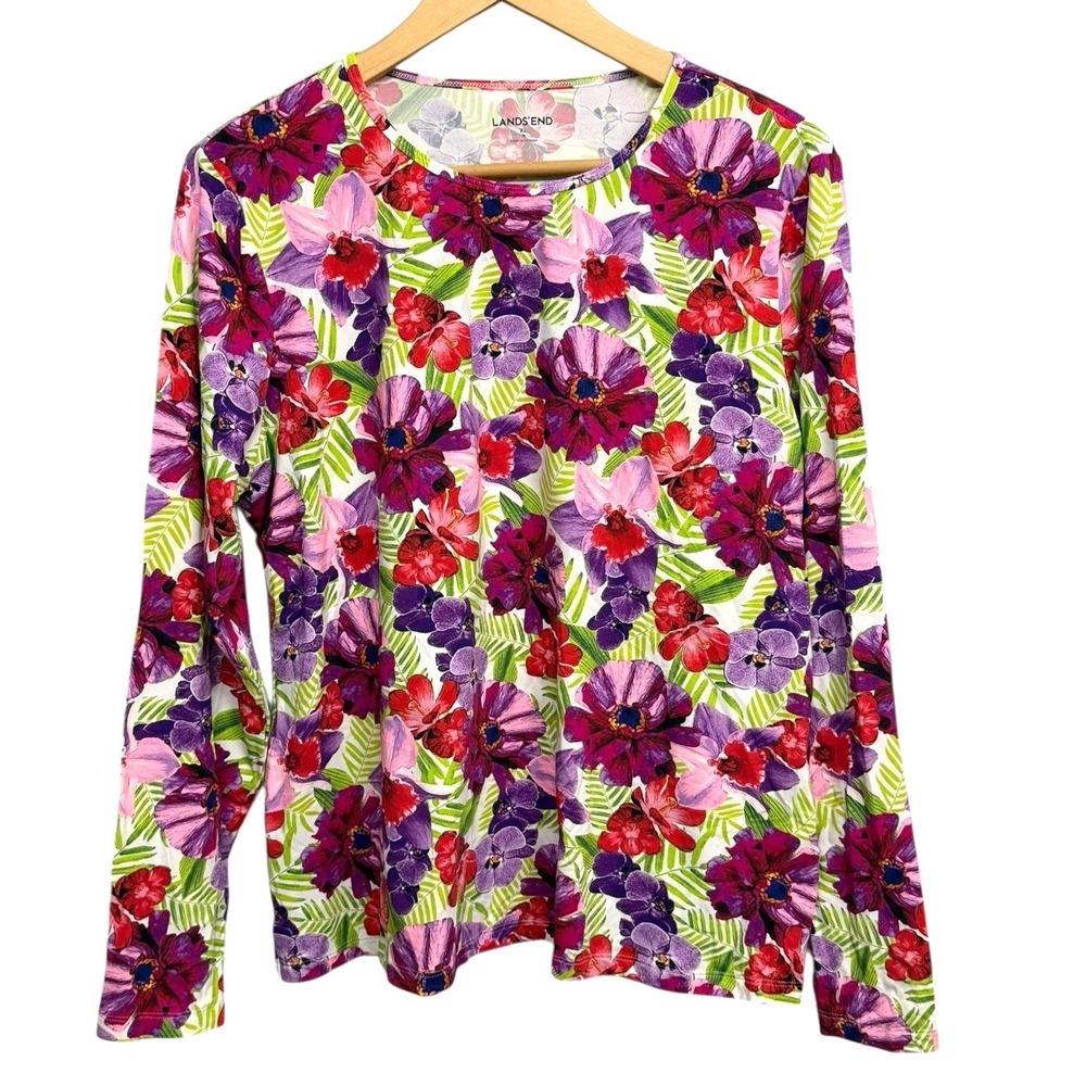 Lands End Floral Long Sleeve Rashgaurd Top Womens Size XL Pink Tropical UPF